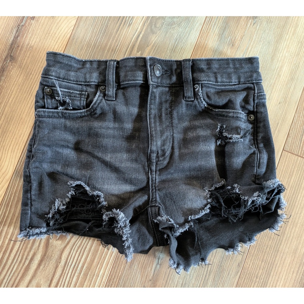 American Eagle Outfitters Black Distressed High Rise Shortie Denim Jean Shorts 0